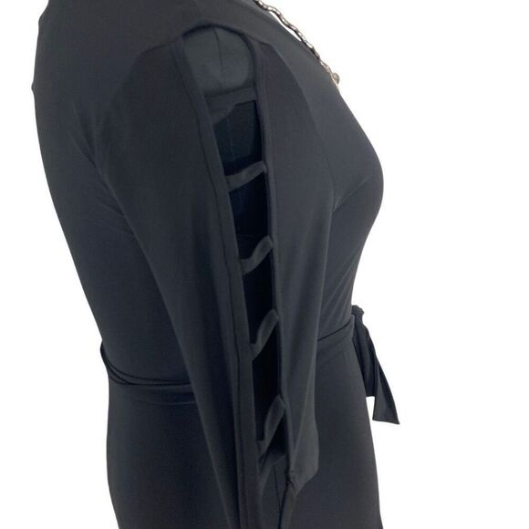 Chaus L Black Maxi Dress Textured Terrain Travel Evening Event Cut Outs Goth NWT - Picture 6 of 9